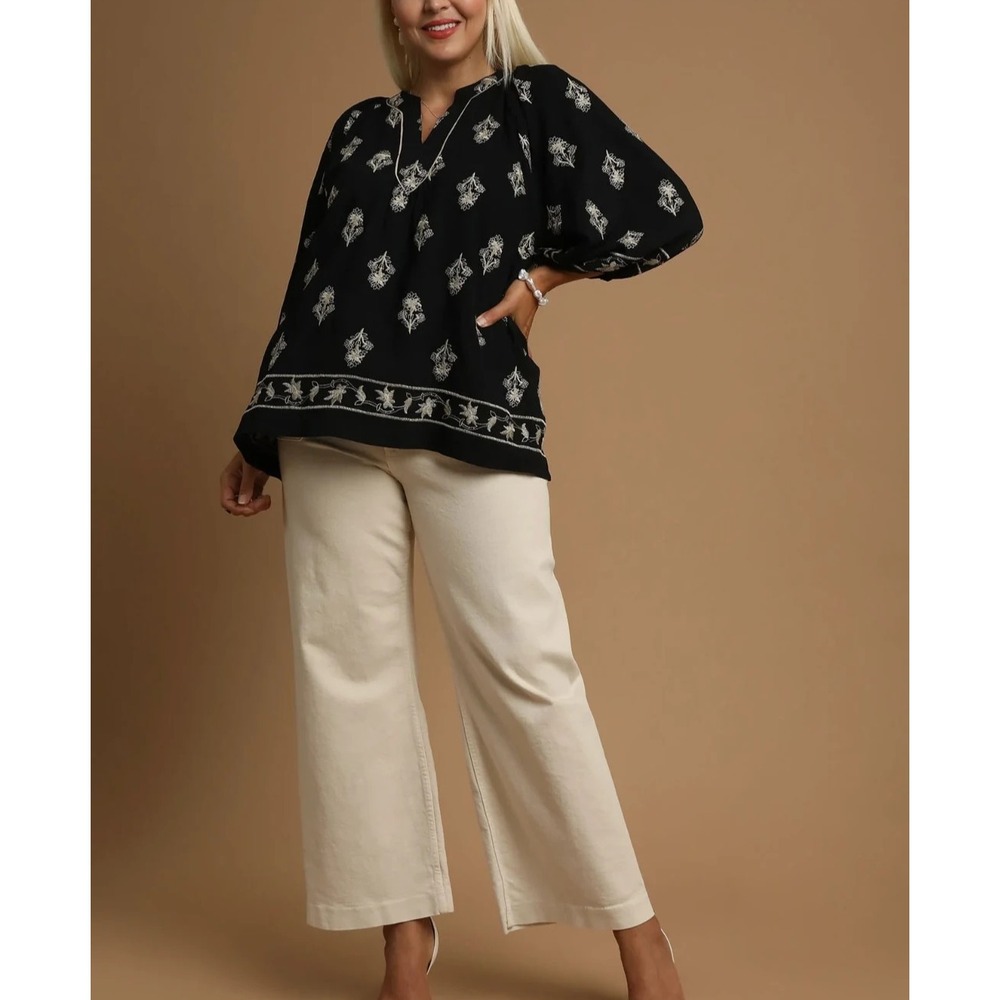 NWT UMGEE Womens Sz XL Black Embroidered Balloon Sleeve Top Bohemian Festival